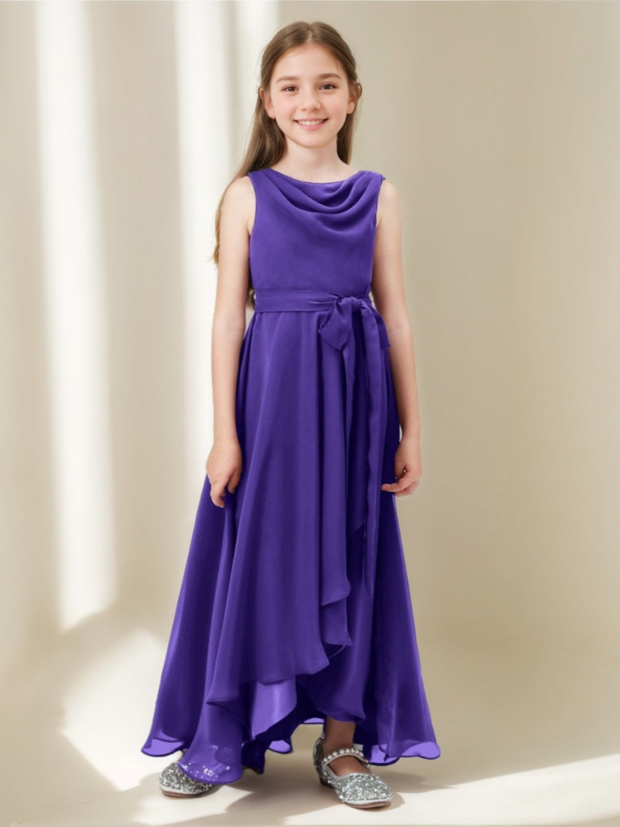 A-line/Princess Cowl Neck Sleeveless Asymmetrical Junior Bridesmaid Dress with Bowknot & Ruffles