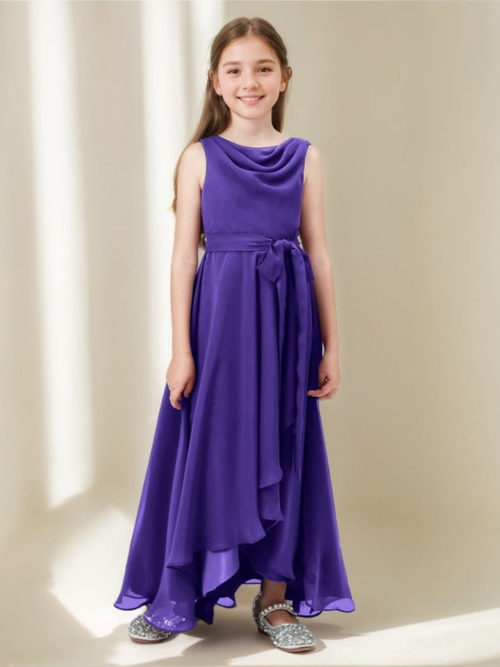 A-line/Princess Cowl Neck Sleeveless Asymmetrical Junior Bridesmaid Dress with Bowknot & Ruffles