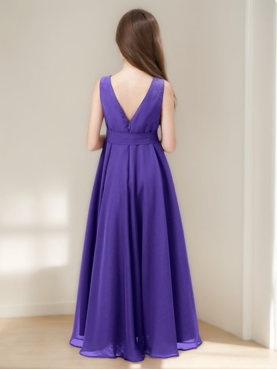 A-line/Princess Cowl Neck Sleeveless Asymmetrical Junior Bridesmaid Dress with Bowknot & Ruffles