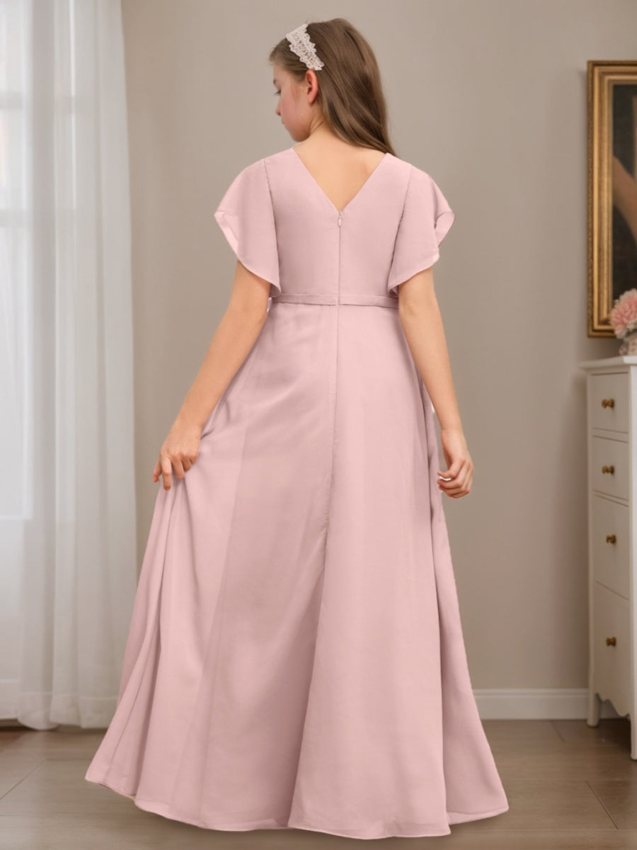A-line/Princess V-neck Short Sleeves Ruched Floor-Length Junior Bridesmaid Dress with Ruffles
