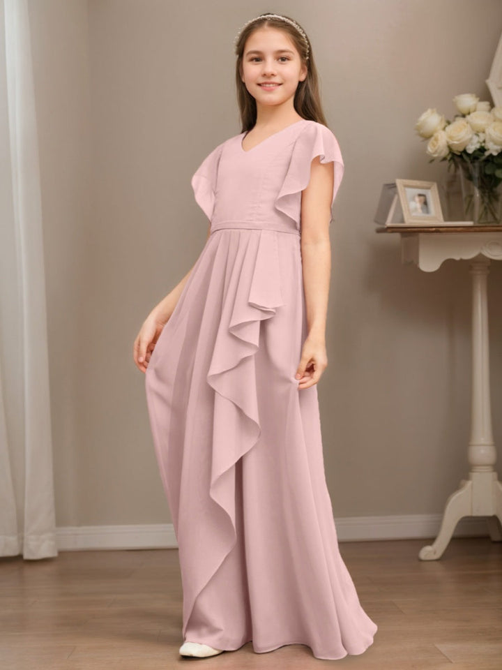A-line/Princess V-neck Short Sleeves Ruched Floor-Length Junior Bridesmaid Dress with Ruffles