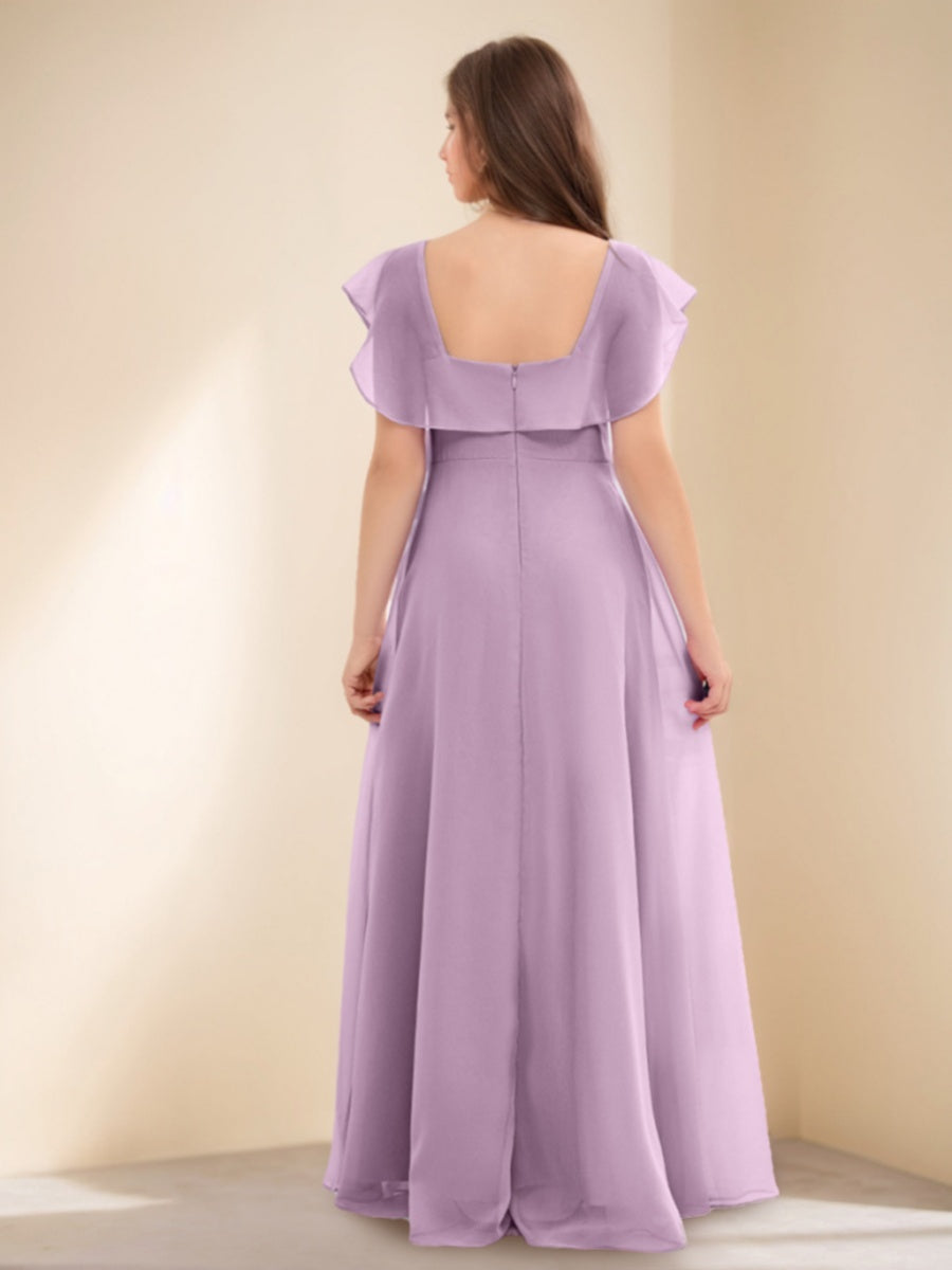 A-line/Princess Scoop Short Sleeves Floor-Length Junior Bridesmaid Dress with Ruffles