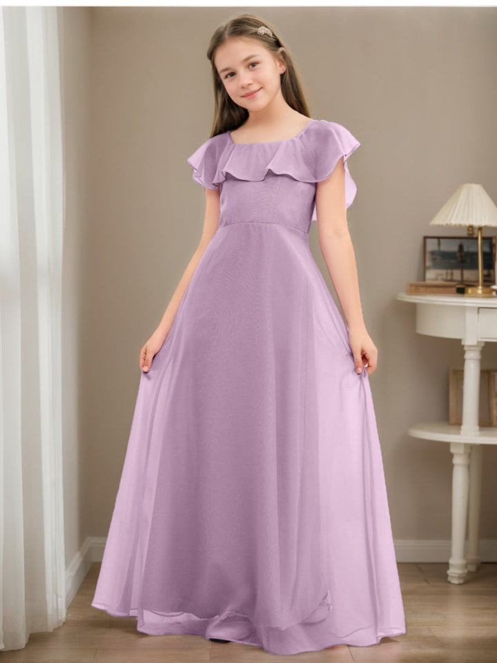 A-line/Princess Scoop Short Sleeves Floor-Length Junior Bridesmaid Dress with Ruffles