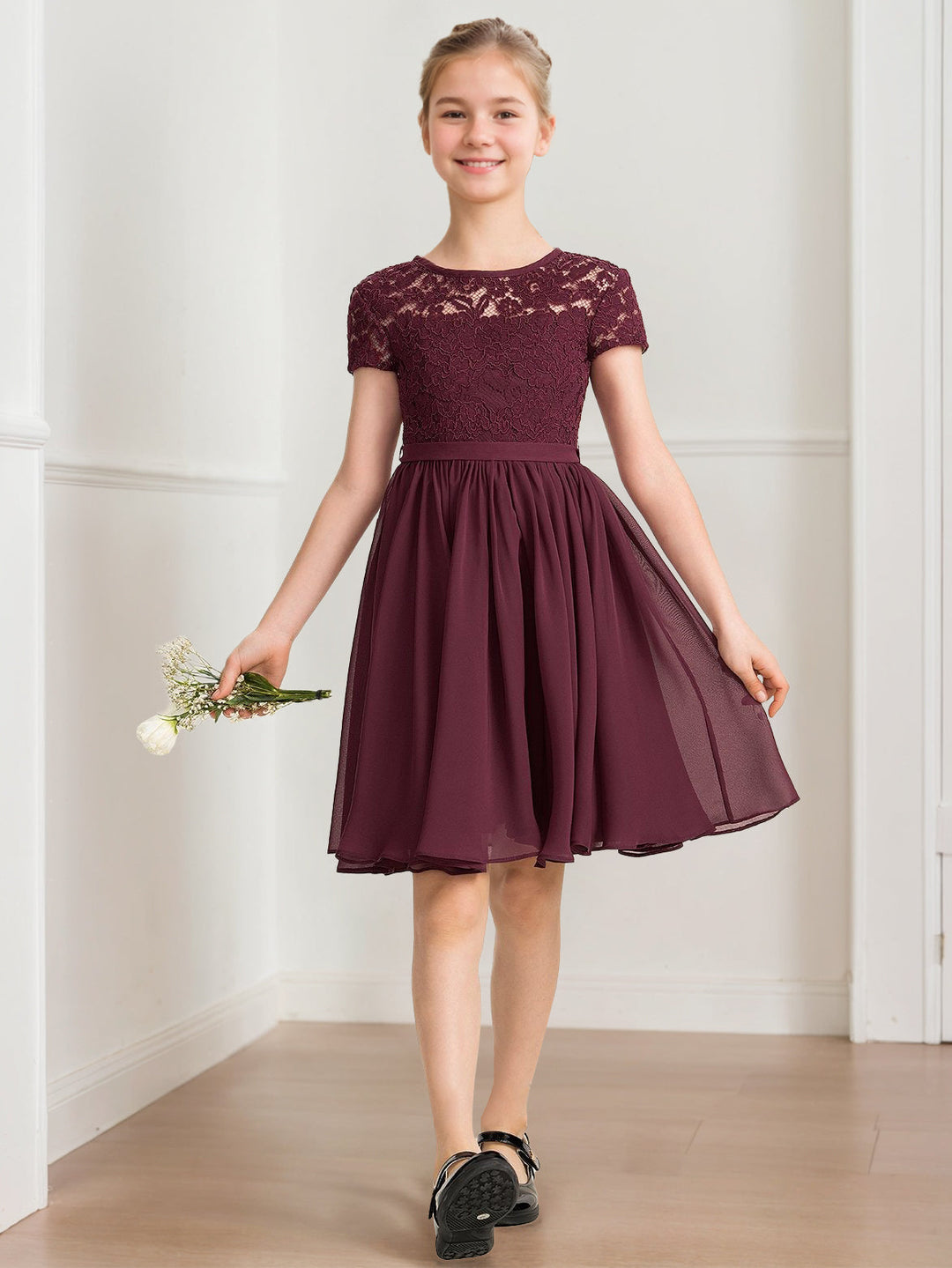 A-Line/Princess Scoop Short Sleeves Knee-Length Pleated Junior Bridesmaid Dresses with Bow Sash
