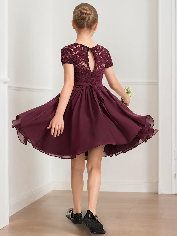 A-Line/Princess Scoop Short Sleeves Knee-Length Pleated Junior Bridesmaid Dresses with Bow Sash
