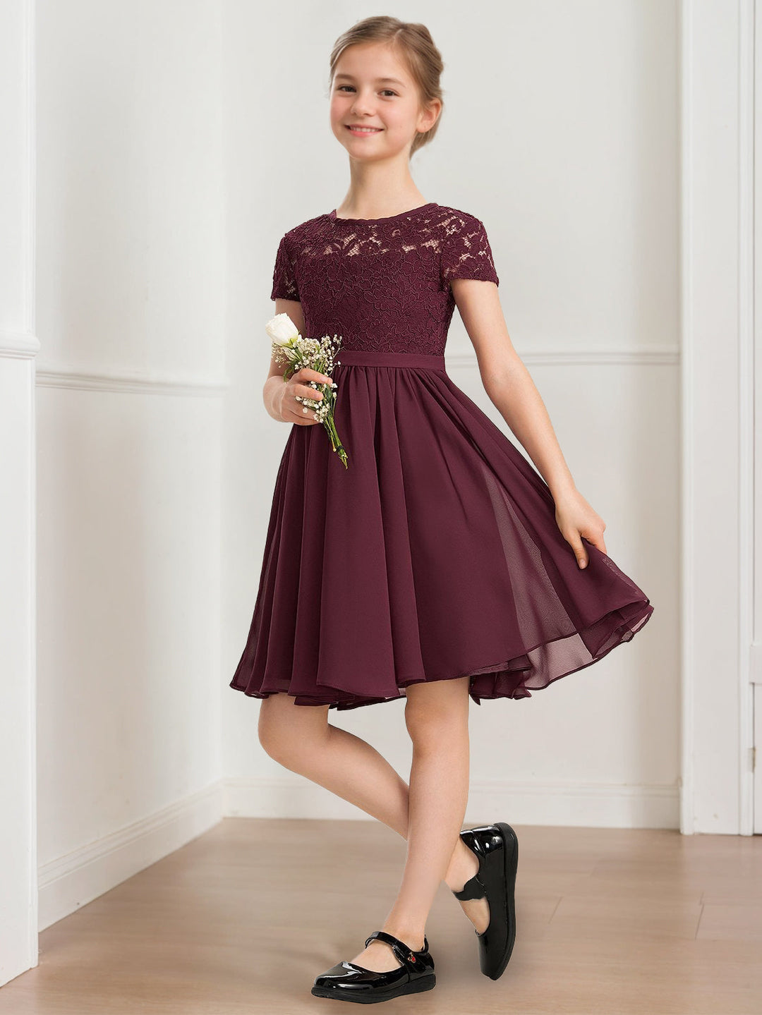 A-Line/Princess Scoop Short Sleeves Knee-Length Pleated Junior Bridesmaid Dresses with Bow Sash