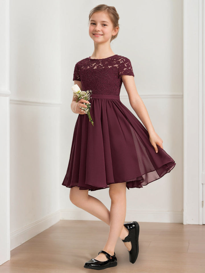 A-Line/Princess Scoop Short Sleeves Knee-Length Pleated Junior Bridesmaid Dresses with Bow Sash