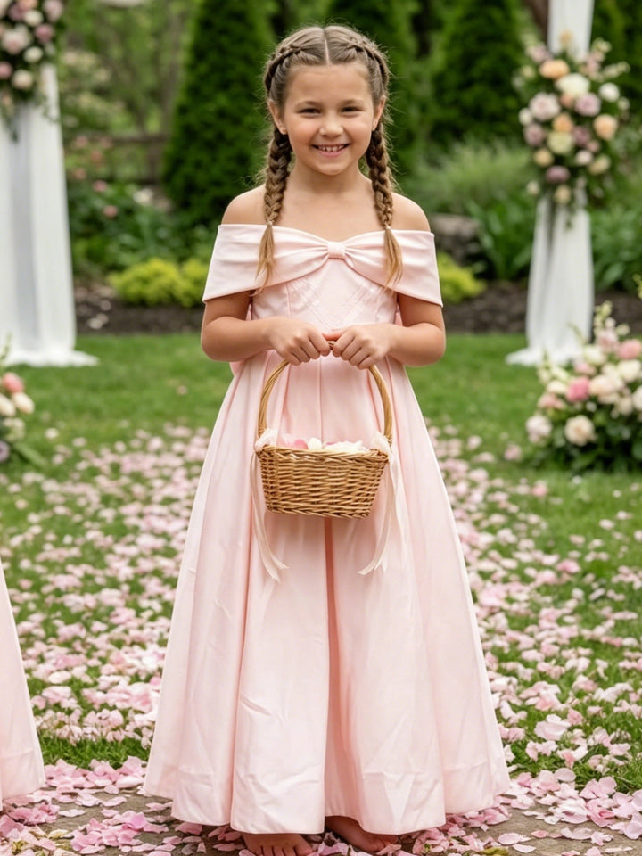A-Line/Princess Off-the-Shoulder Floor-Length Sleeveless Satin Junior Bridesmaid Dresses With Bowknot
