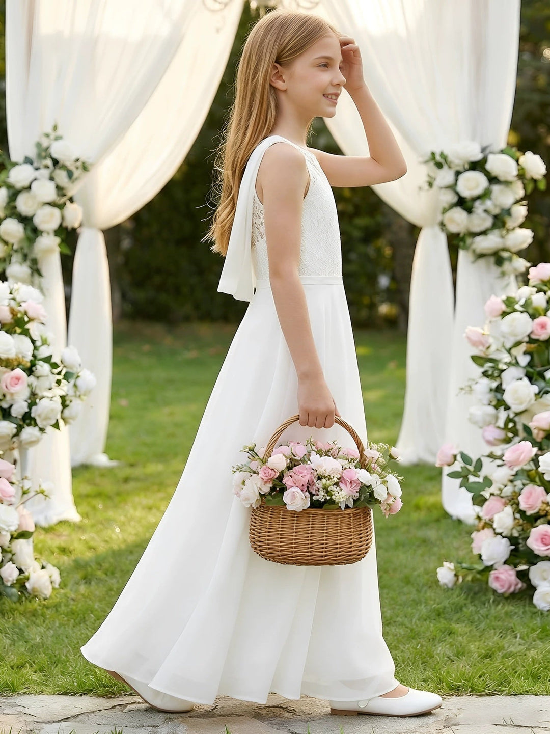 A-Line/Princess Scoop Lace Tulle Flower Girl Dresses Sleeveless Floor-Length