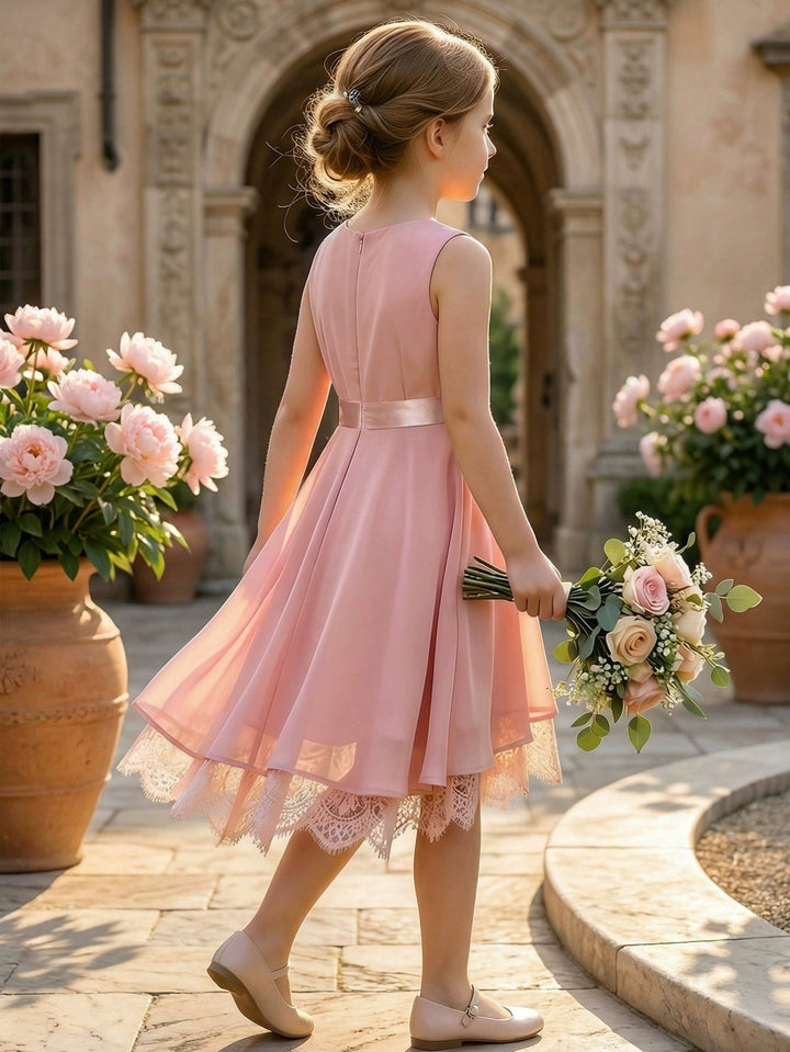 A-Line/Princess Scoop Lace Chiffon Flower Girl Dresses Sleeveless Tea-Length With Bowknot