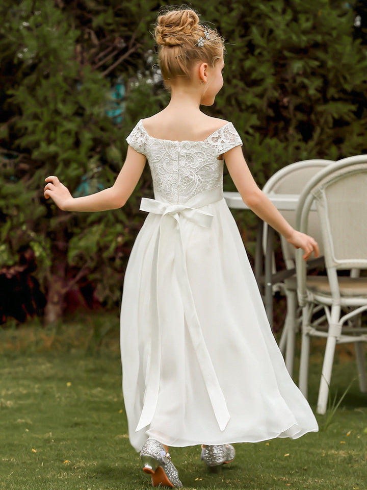 A-Line/Princess Scoop Lace Chiffon Flower Girl Dresses Sleeveless Ankle-Length With Bowknot