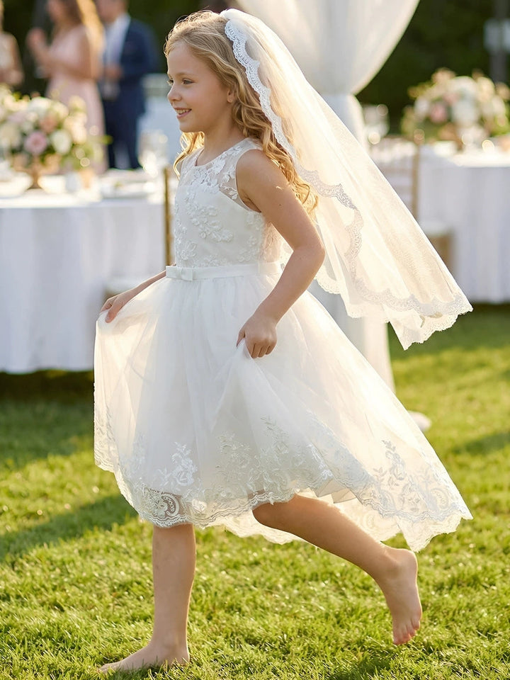 A-Line/Princess Scoop Lace Tulle Flower Girl Dresses Short Sleeves Asymmetrical Ankle-Length With Bowknot