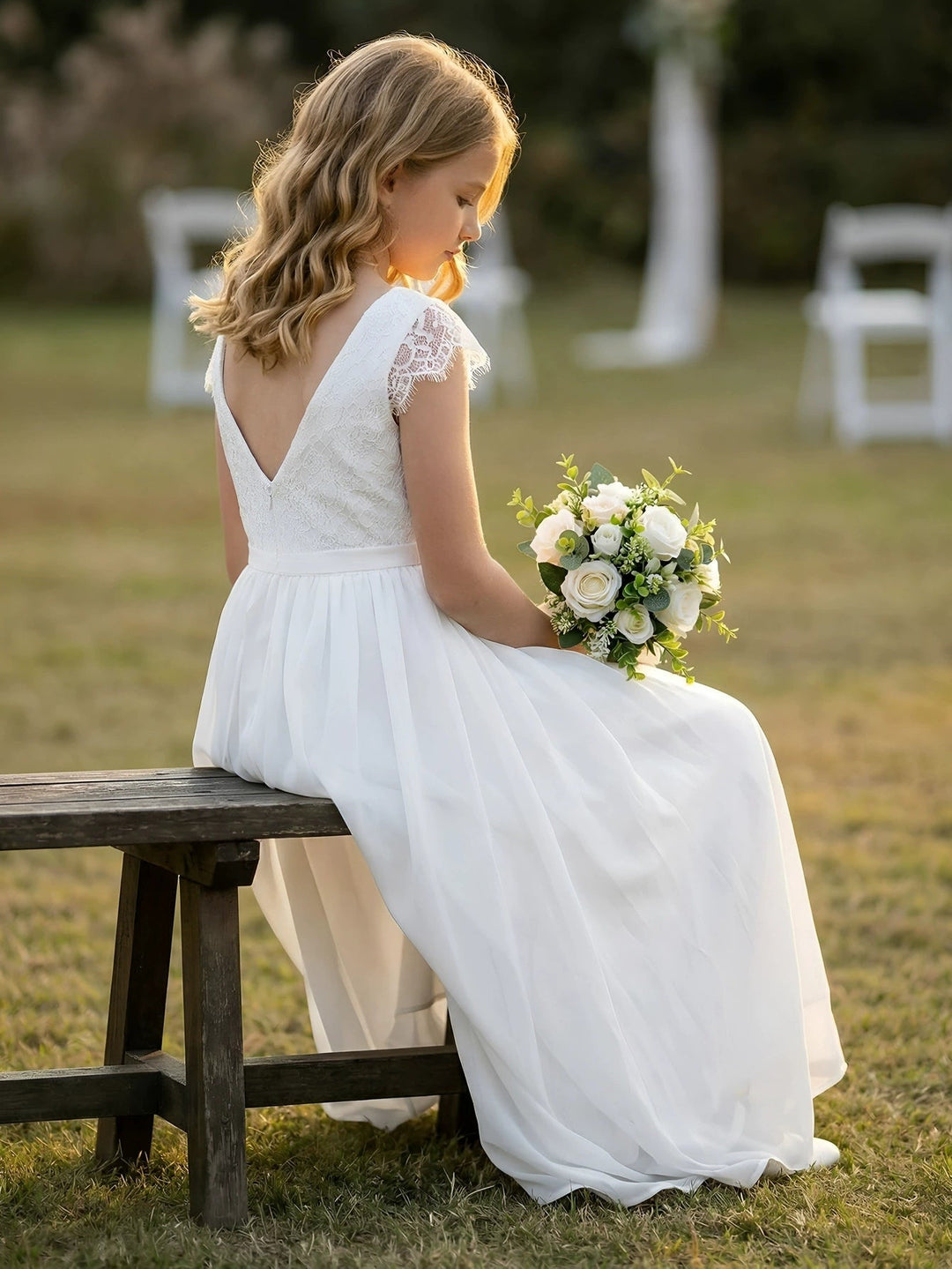 A-Line/Princess Scoop Lace Tulle Flower Girl Dresses Short Sleeves Ankle-Length With Bowknot