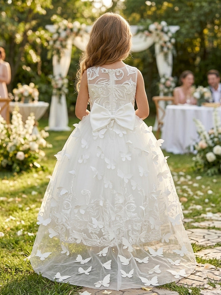 A-Line/Princess Scoop Lace Tulle Flower Girl Dresses Sleeveless Floor-Length With Bowknot&3D Butterfly