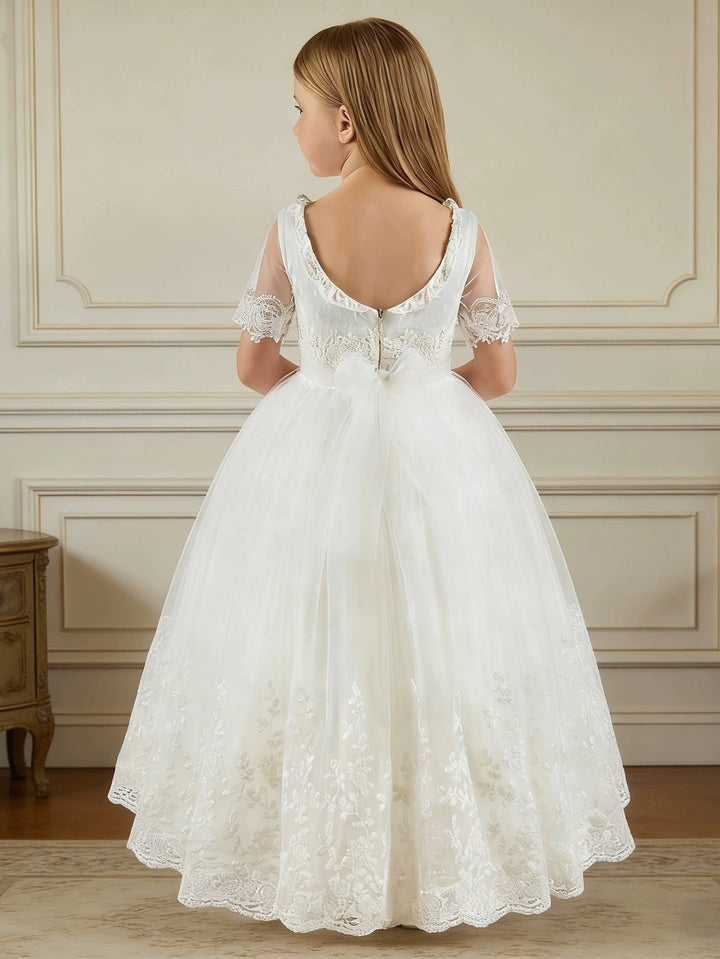 A-Line/Princess Scoop Lace Tulle Flower Girl Dresses Half Sleeves Floor-Length