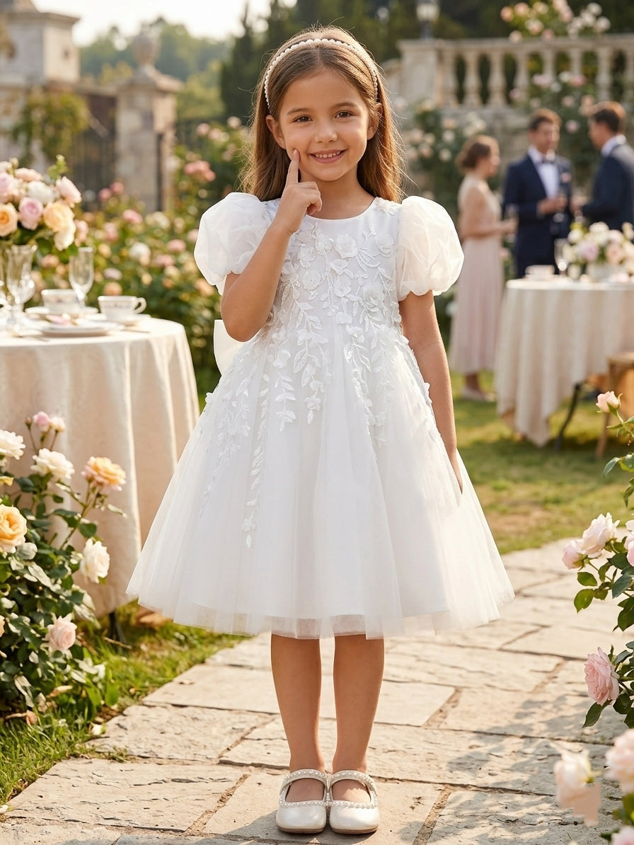 A-Line/Princess Scoop Lace Tulle Flower Girl Dresses Puff Sleeves Tea-Length With Bowknot