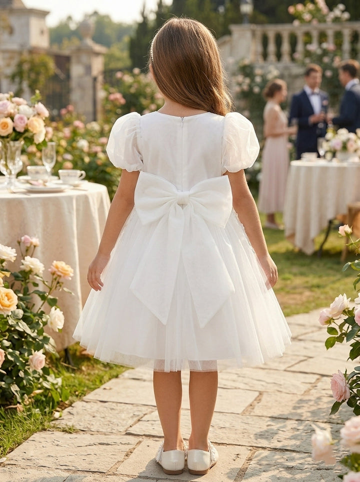 A-Line/Princess Scoop Lace Tulle Flower Girl Dresses Puff Sleeves Tea-Length With Bowknot