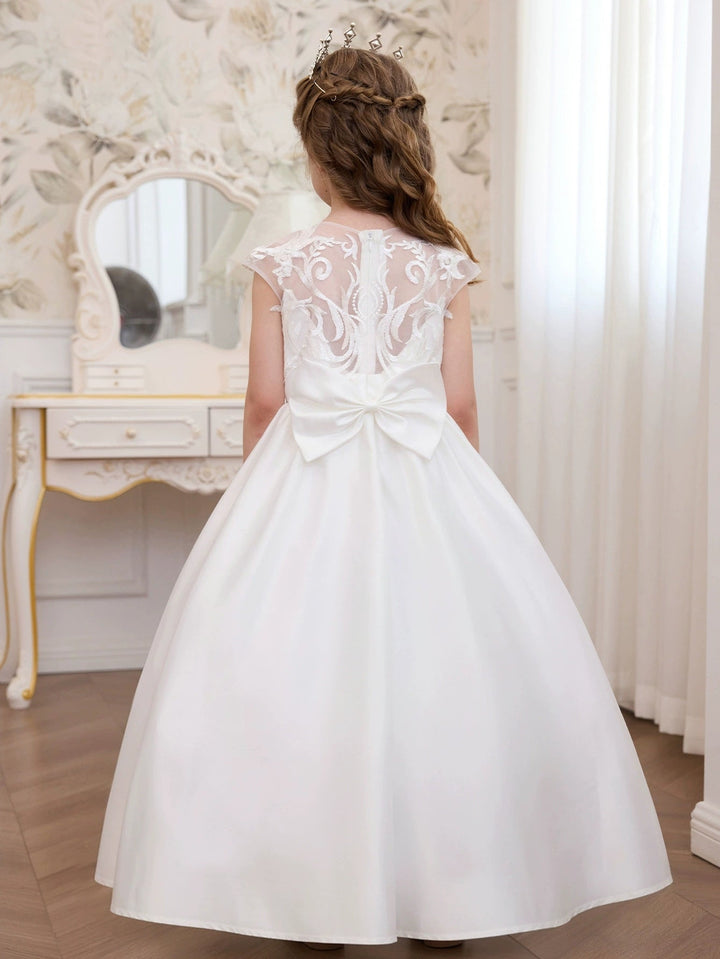 A-Line/Princess Scoop Tulle Lace Flower Girl Dresses Short Sleeves Floor-Length With Bowknot