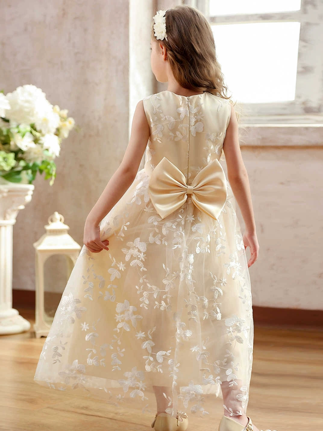 A-Line/Princess Scoop Tulle Lace Flower Girl Dresses Sleeveless Ankle-Length With Bowknot
