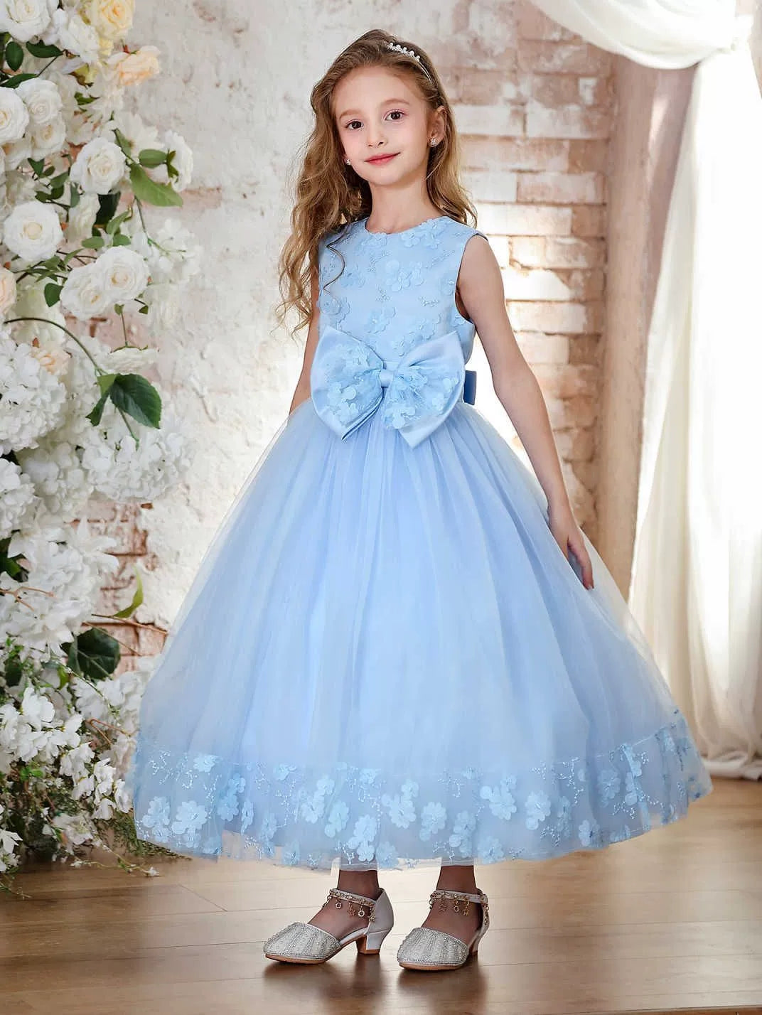 A-Line/Princess Scoop Tulle Lace Flower Girl Dresses Sleeveless Ankle-Length With Bowknot