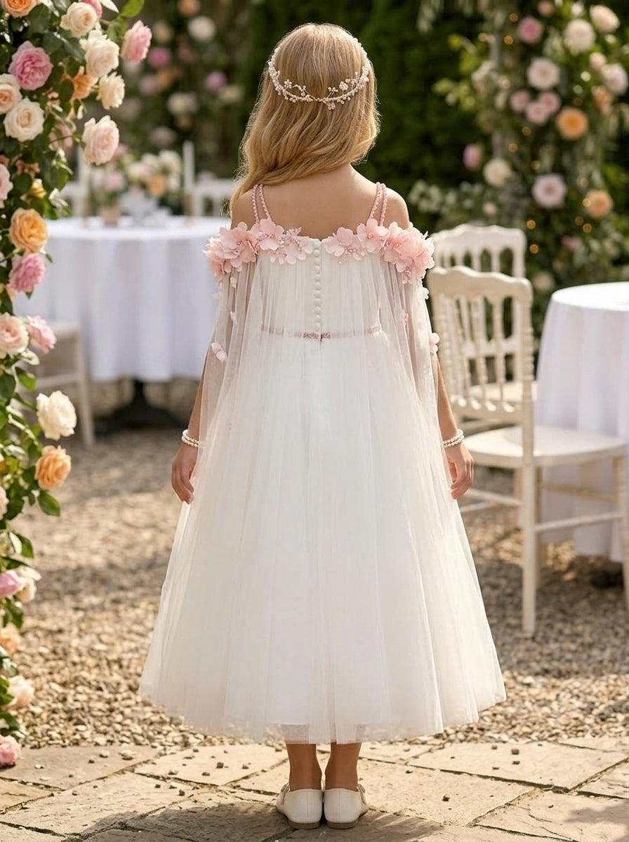 A-Line/Princess Off-the-Shoulder Satin Tulle Flower Girl Dresses Sleeveless Tea-Length With 3D Flowers