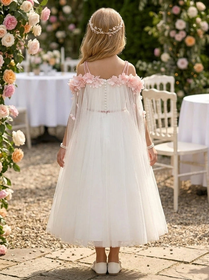 A-Line/Princess Off-the-Shoulder Satin Tulle Flower Girl Dresses Sleeveless Tea-Length With 3D Flowers