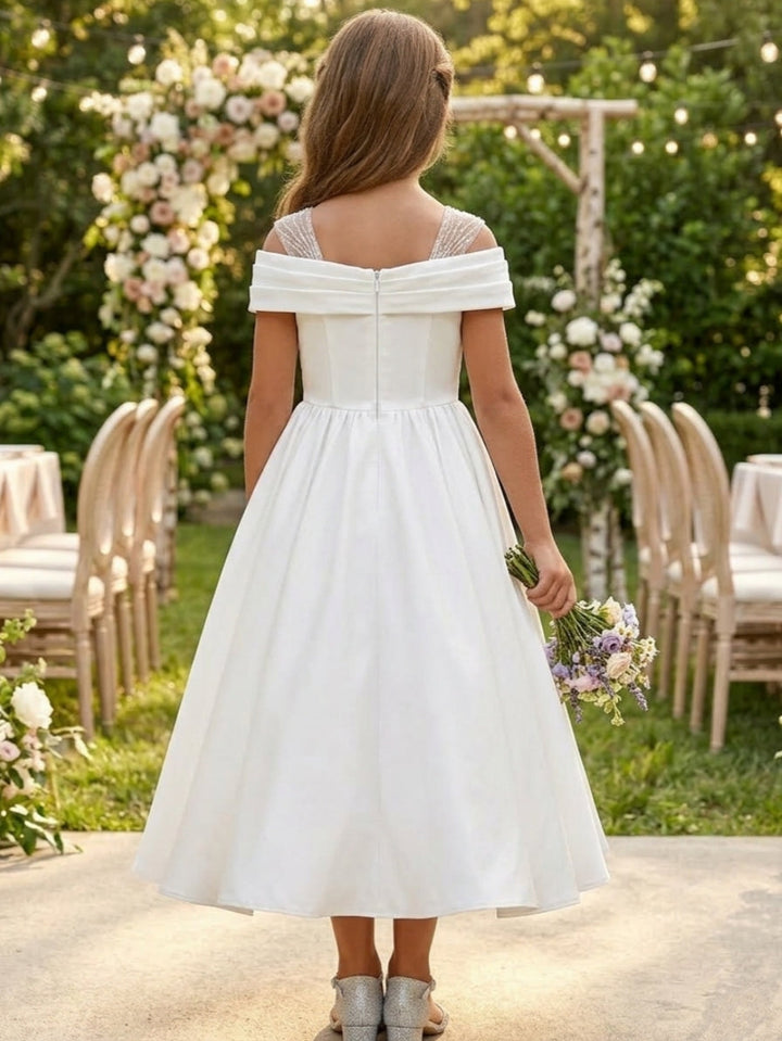 A-Line/Princess Off-the-Shoulder Satin Flower Girl Dresses Sleeveless Tea-Length Ruched