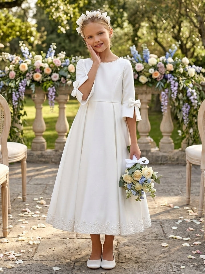 A-Line/Princess Scoop Satin Flower Girl Dresses 3/4 Sleeves Tea-Length With Bowknots
