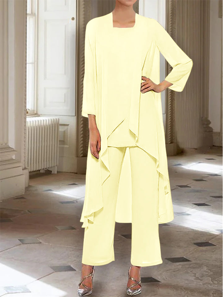 Chiffon Round Neck 3/4 Length Sleeves Ankle-Length Mother of the Bride Pantsuits with Jacket