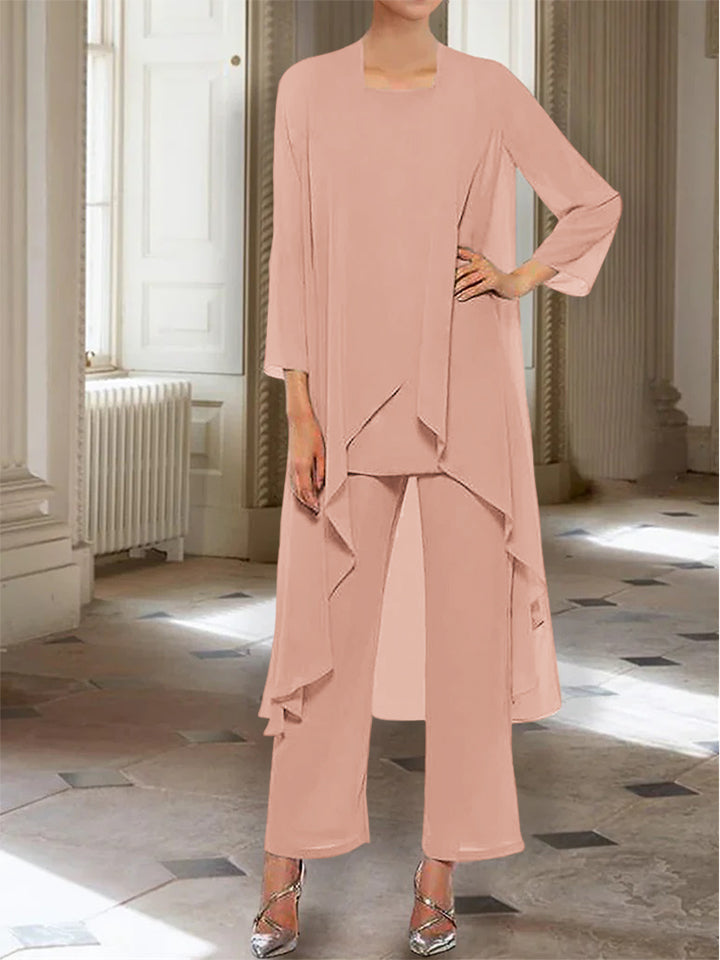 Chiffon Round Neck 3/4 Length Sleeves Ankle-Length Mother of the Bride Pantsuits with Jacket