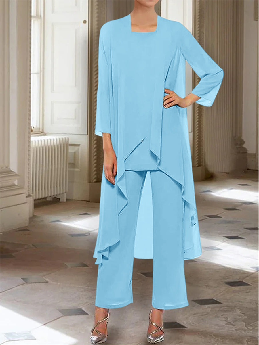 Chiffon Round Neck 3/4 Length Sleeves Ankle-Length Mother of the Bride Pantsuits with Jacket