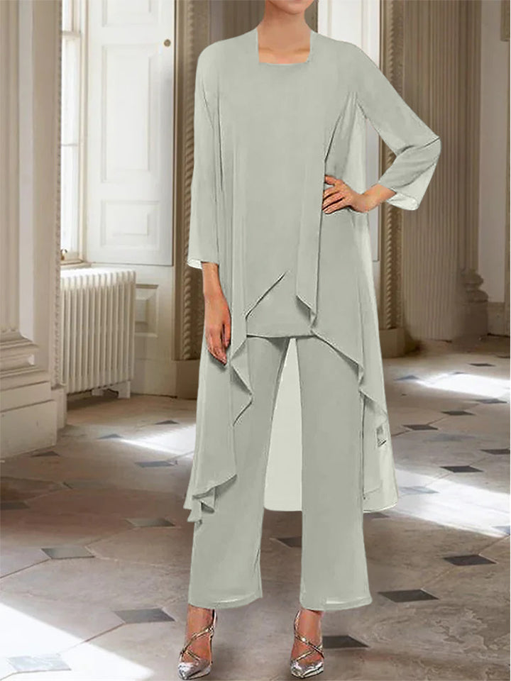 Chiffon Round Neck 3/4 Length Sleeves Ankle-Length Mother of the Bride Pantsuits with Jacket