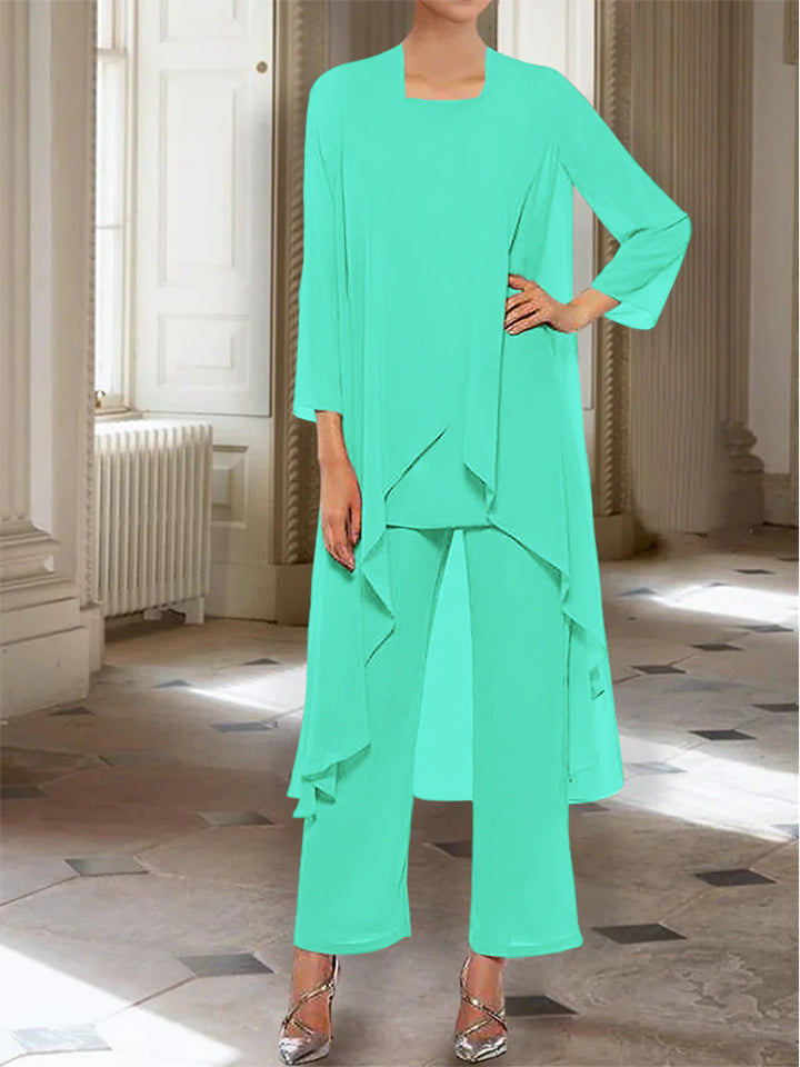 Chiffon Round Neck 3/4 Length Sleeves Ankle-Length Mother of the Bride Pantsuits with Jacket