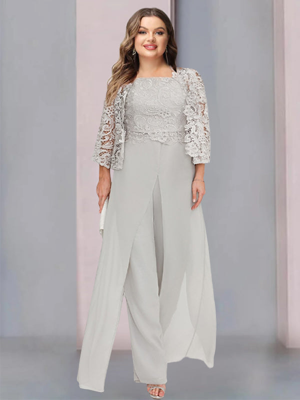 Chiffon Square Neck Floor-Length Mother of the Bride Pantsuits with Jacket & Split Side