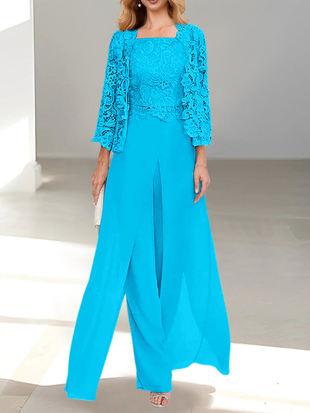 Chiffon Square Neck Floor-Length Mother of the Bride Pantsuits with Jacket & Split Side