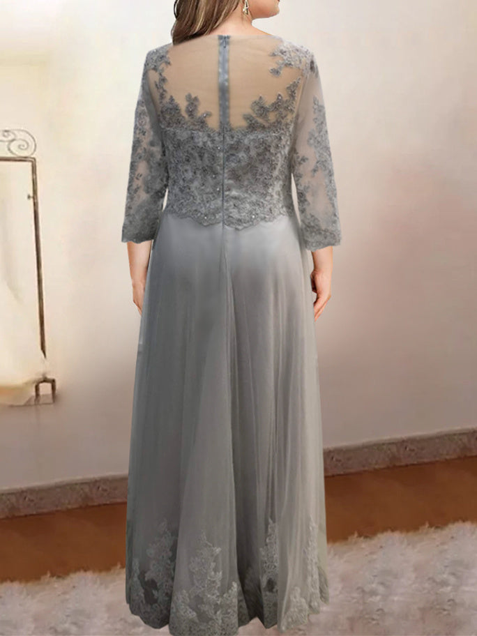 A-Line/Princess Sheer Neck 3/4 Length Sleeves Floor-Length Mother of the Bride Dresses with Applique