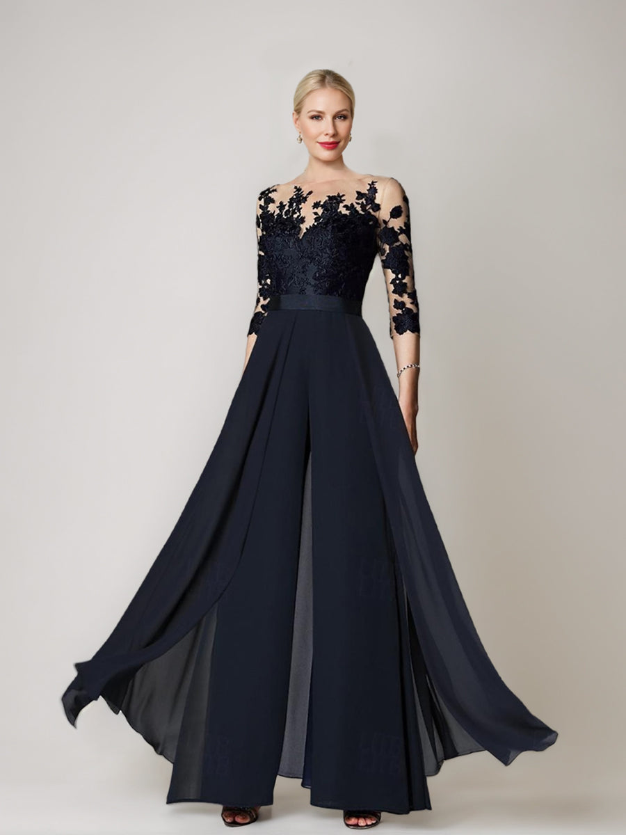 A-Line/Princess Jewel Neck 3/4 Length Sleeves Floor-Length Mother of the Bride Pantsuits with Applique