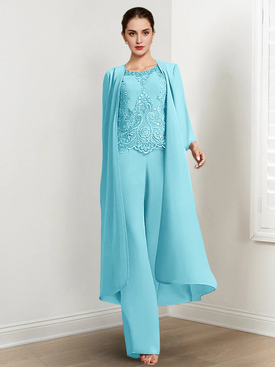 Chiffon Round Neck Floor-Length Mother Of The Bride Pantsuits With Jacket & Applique