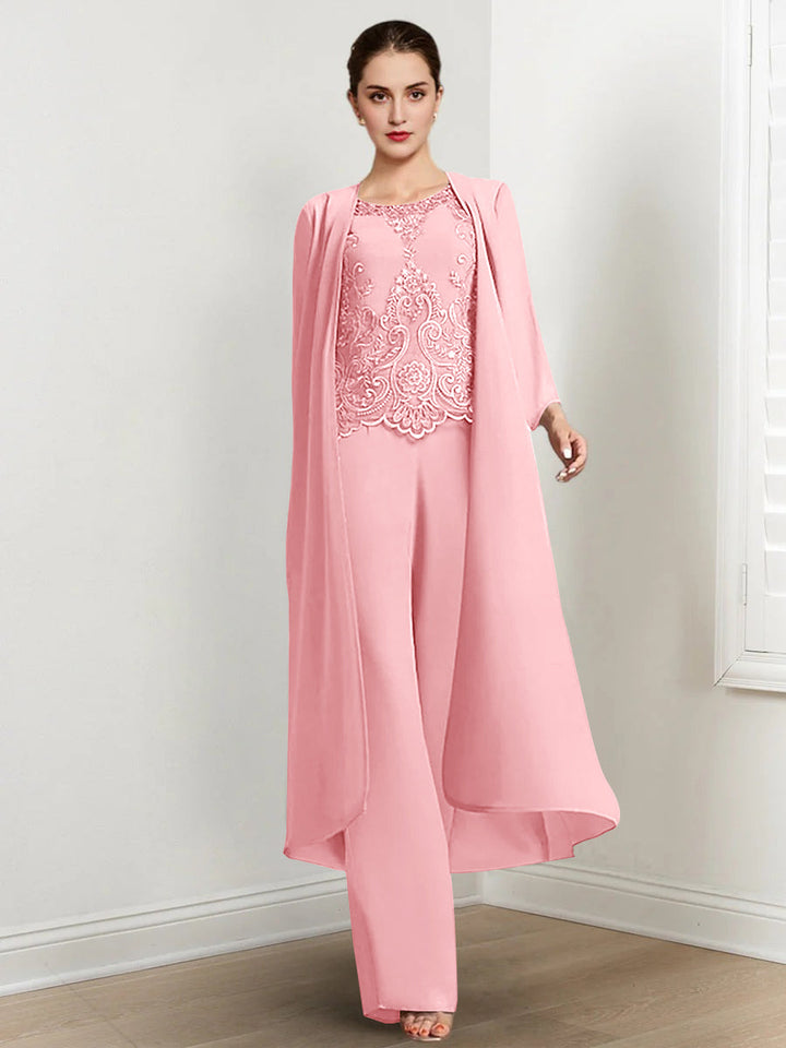 Chiffon Round Neck Floor-Length Mother Of The Bride Pantsuits With Jacket & Applique