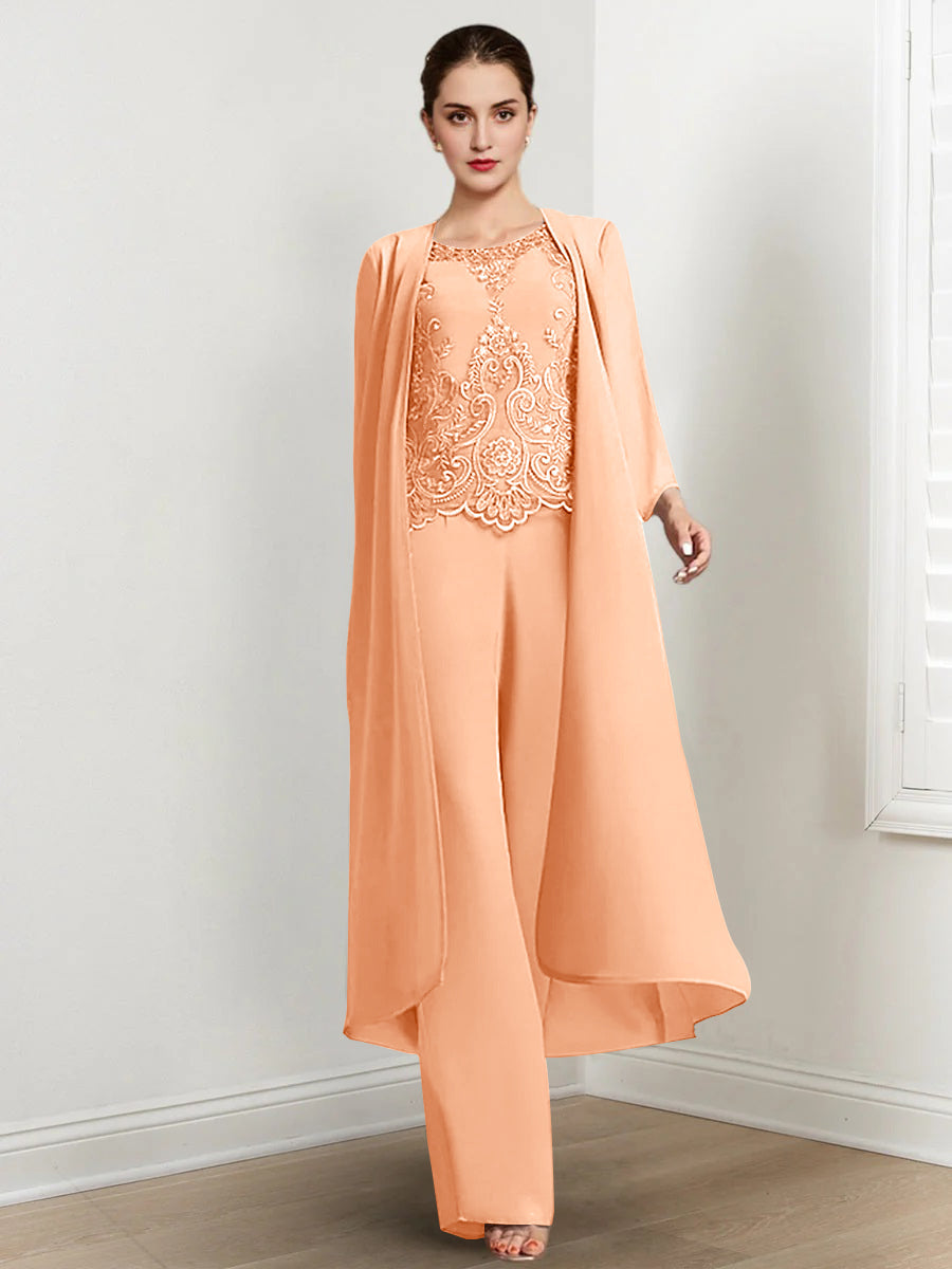 Chiffon Round Neck Floor-Length Mother Of The Bride Pantsuits With Jacket & Applique