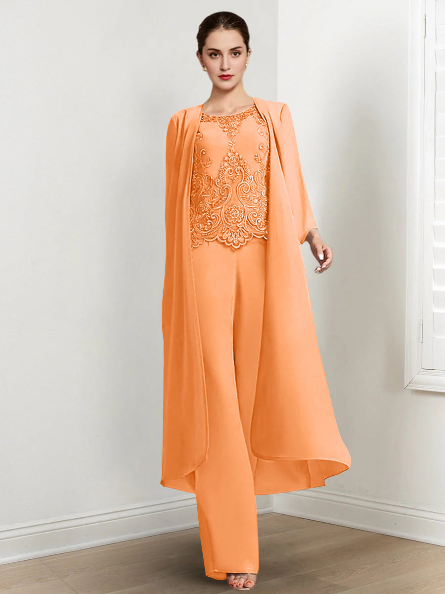 Chiffon Round Neck Floor-Length Mother Of The Bride Pantsuits With Jacket & Applique