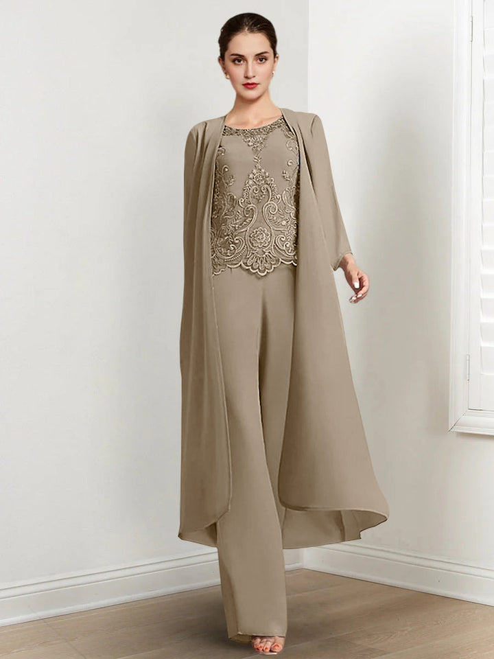 Chiffon Round Neck Floor-Length Mother Of The Bride Pantsuits With Jacket & Applique