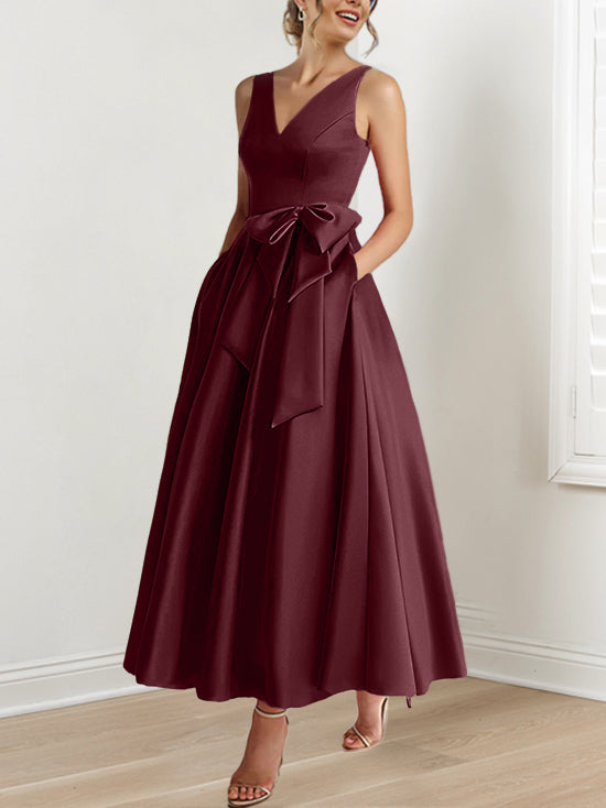 A-Line/Princess V-Neck Sleeveless Ankle-Length Mother of the Bride Dresses with Pockets & Ruffles