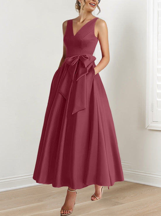 A-Line/Princess V-Neck Sleeveless Ankle-Length Mother of the Bride Dresses with Pockets & Ruffles