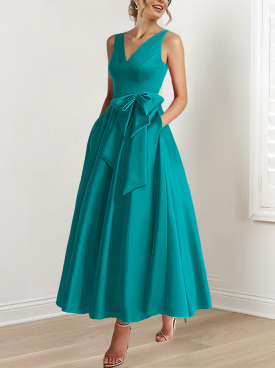 A-Line/Princess V-Neck Sleeveless Ankle-Length Mother of the Bride Dresses with Pockets & Ruffles