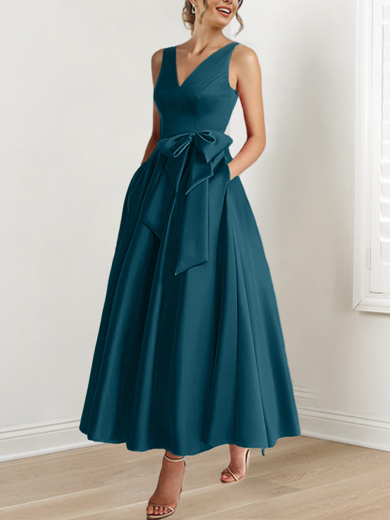 A-Line/Princess V-Neck Sleeveless Ankle-Length Mother of the Bride Dresses with Pockets & Ruffles