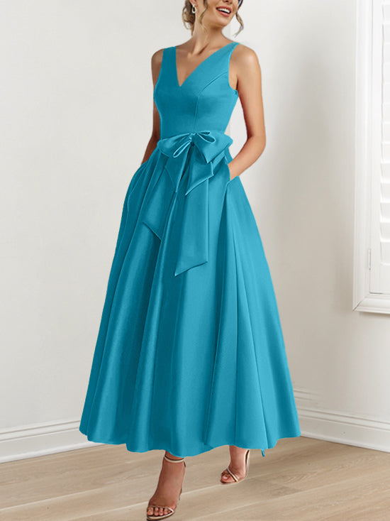 A-Line/Princess V-Neck Sleeveless Ankle-Length Mother of the Bride Dresses with Pockets & Ruffles