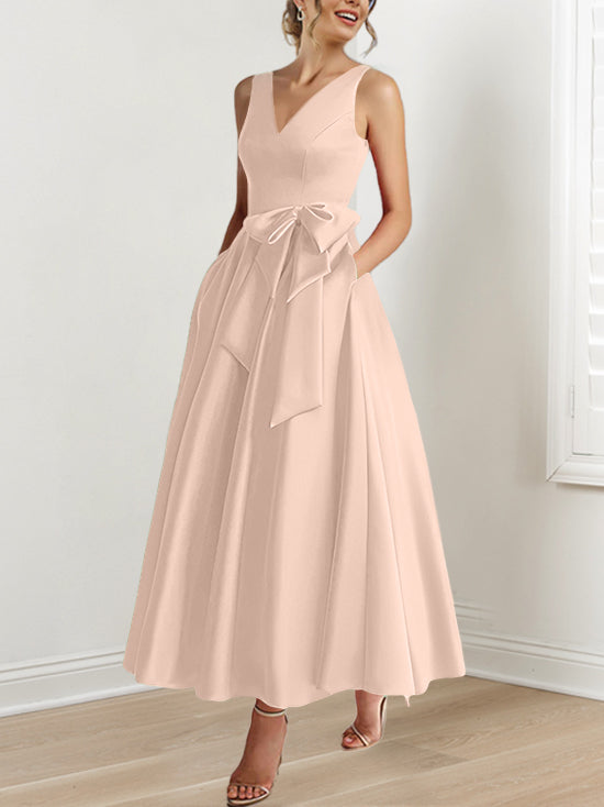 A-Line/Princess V-Neck Sleeveless Ankle-Length Mother of the Bride Dresses with Pockets & Ruffles