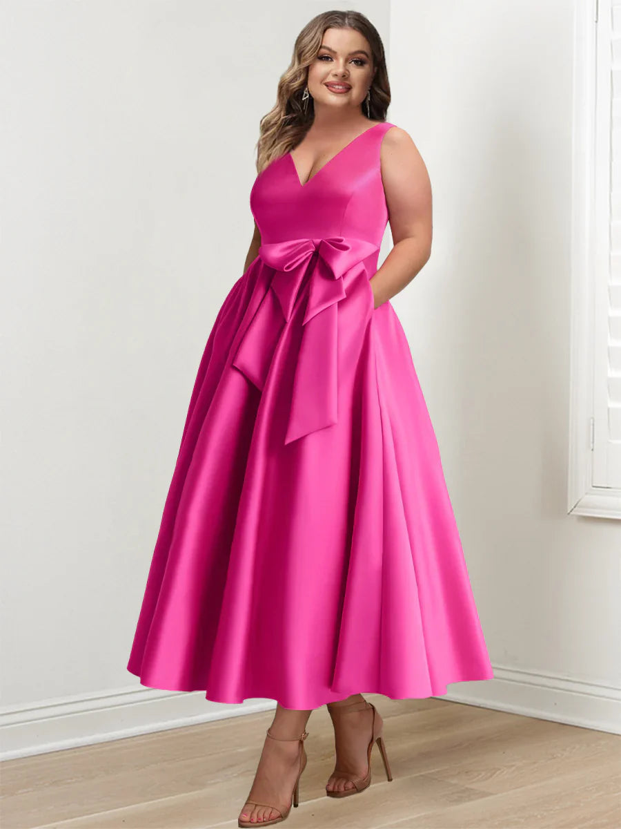 A-Line/Princess V-Neck Sleeveless Ankle-Length Plus Size Mother of the Bride Dresses with Pockets & Ruffles