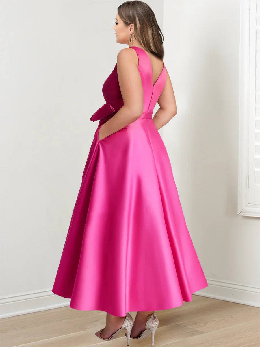 A-Line/Princess V-Neck Sleeveless Ankle-Length Plus Size Mother of the Bride Dresses with Pockets & Ruffles